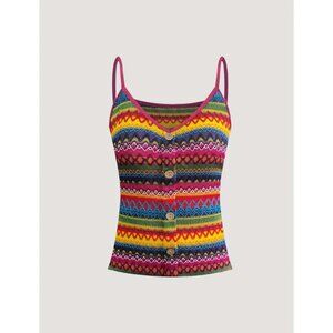 Vibrant Colorful Striped Backless Cami Top – Spaghetti Strap V Neck Button Front